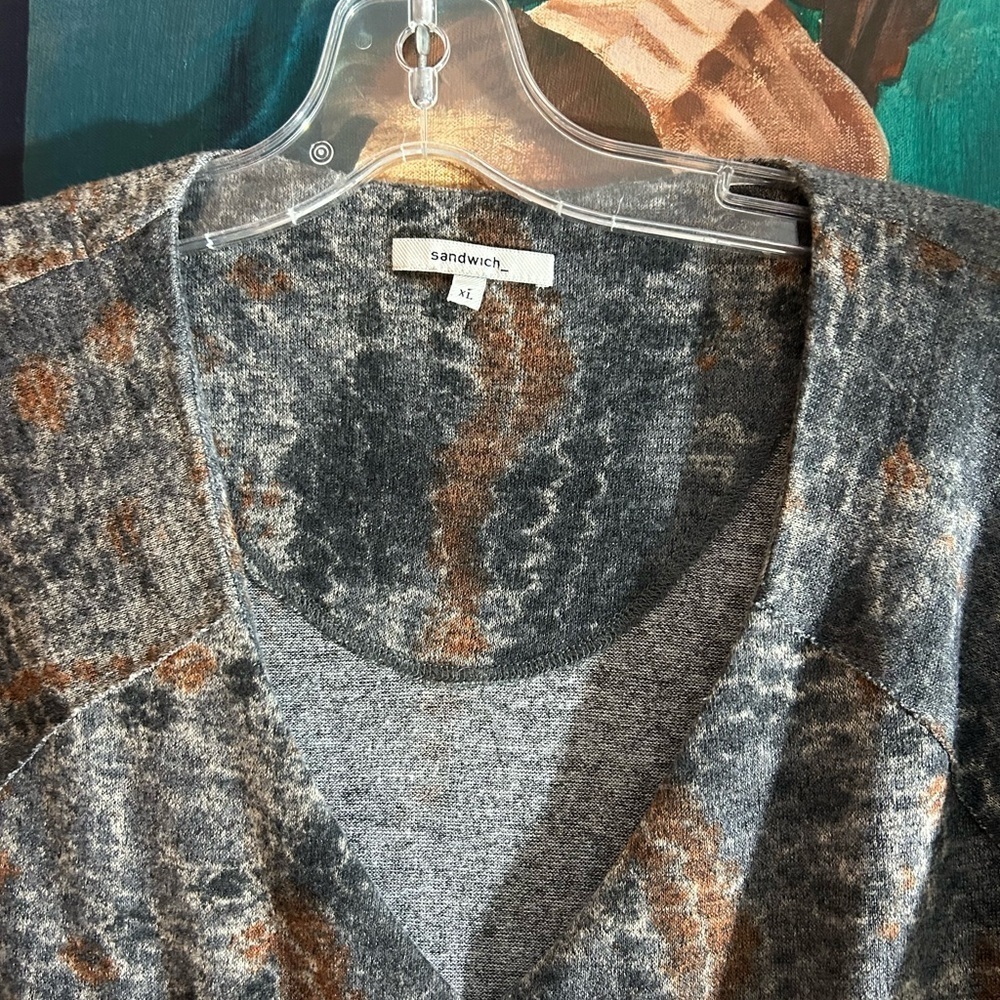 Sandwich Women’s Gray & Brown Cardigan Sweater Blouse XL Boho Layering Top